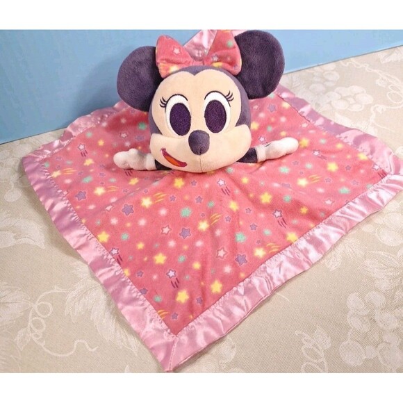 Disney Minnie Mouse Baby Blanket Lovey Rattle Pink Satin Shooting Stars Toy - Picture 2 of 8